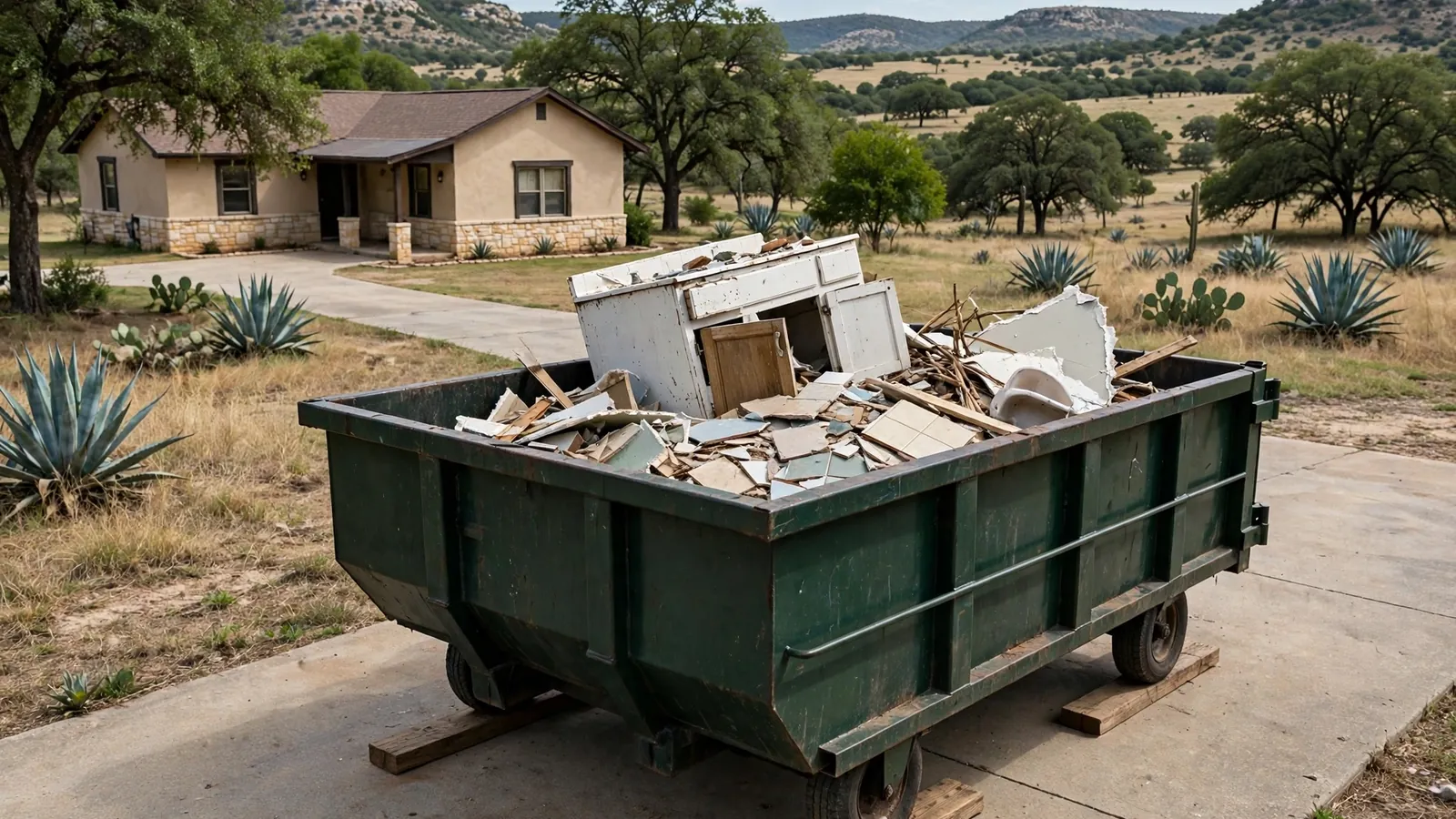 10-yard roll-off dumpster with bathroom remodel debris in a New Braunfels driveway