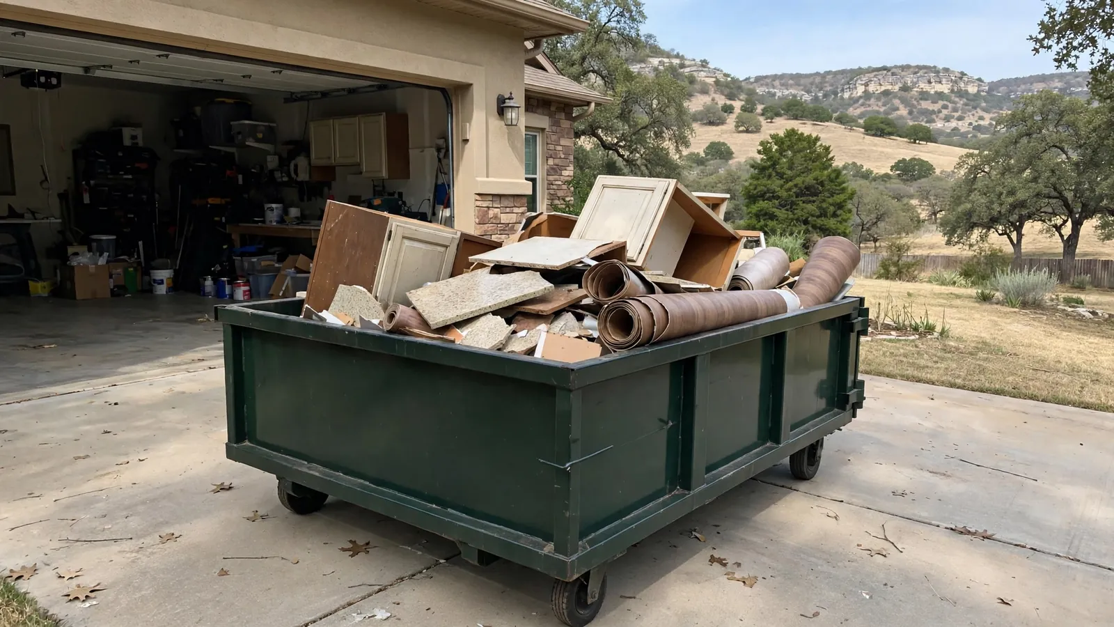 15-yard roll-off dumpster holding kitchen remodel cabinets and flooring