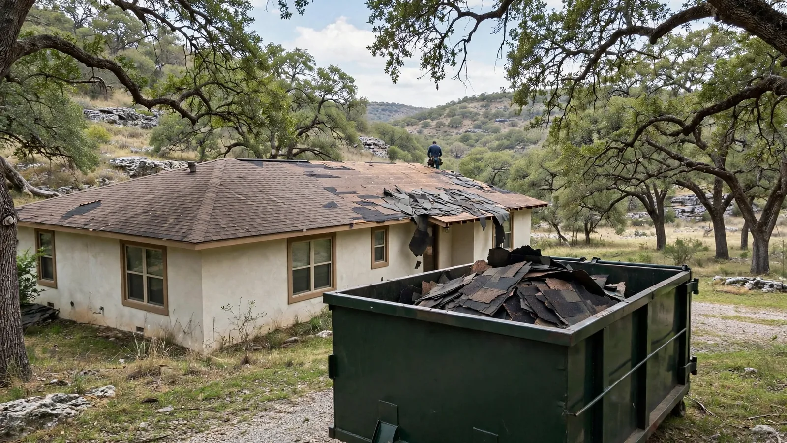 20-yard roll-off dumpster beside a home during a roof replacement