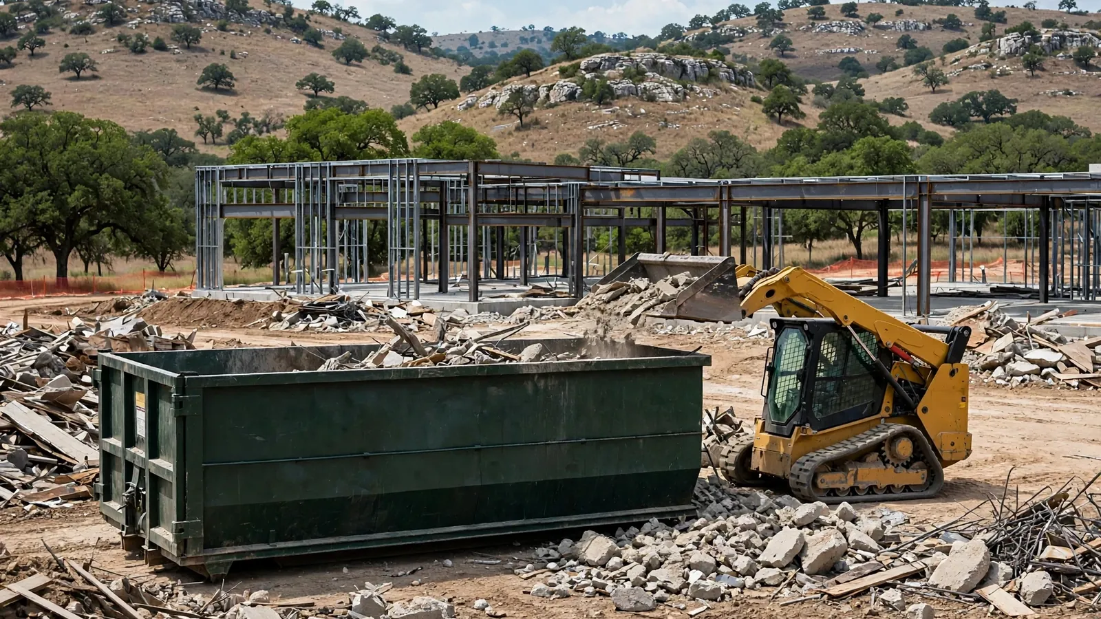 40-yard roll-off dumpster on a commercial construction site with a skid steer