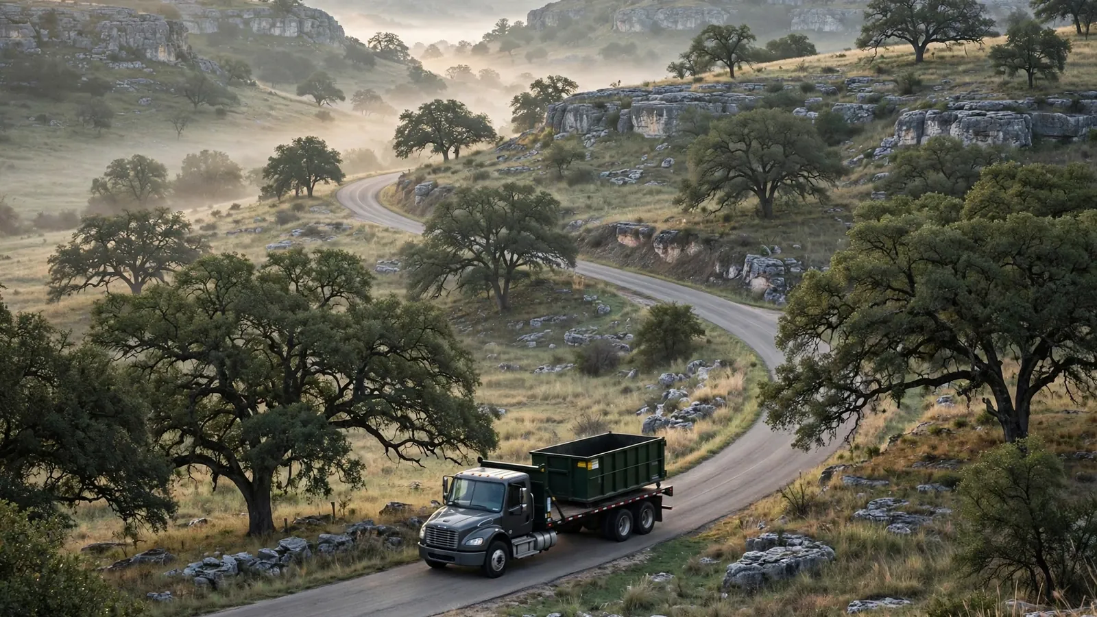 Roll-off delivery truck carrying a dumpster on a Hill Country road