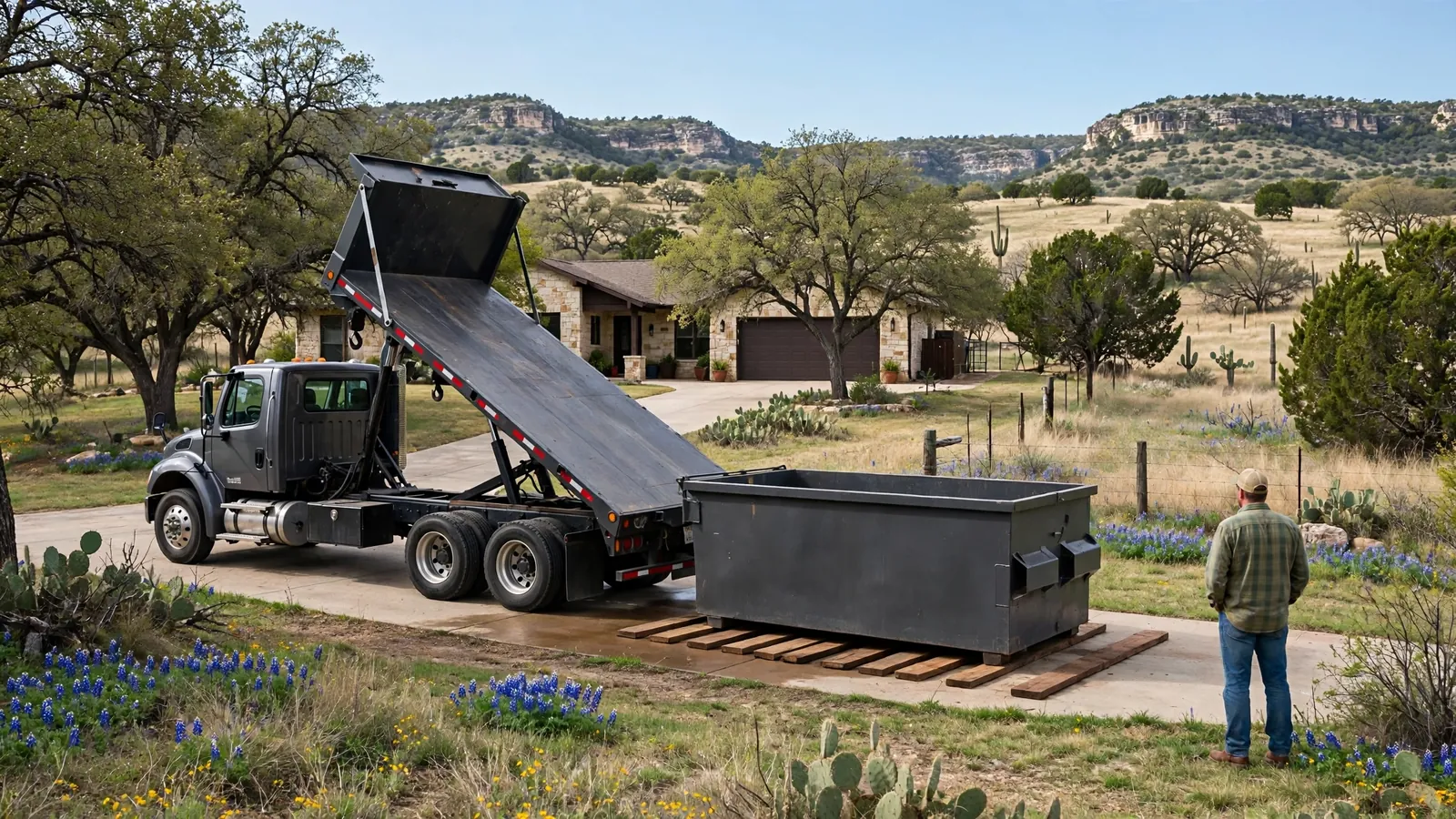 Roll-off truck setting a dumpster onto boards in a home driveway