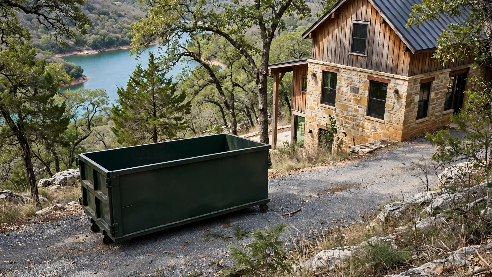 Roll-off dumpster on the gravel driveway of a Canyon Lake hillside home