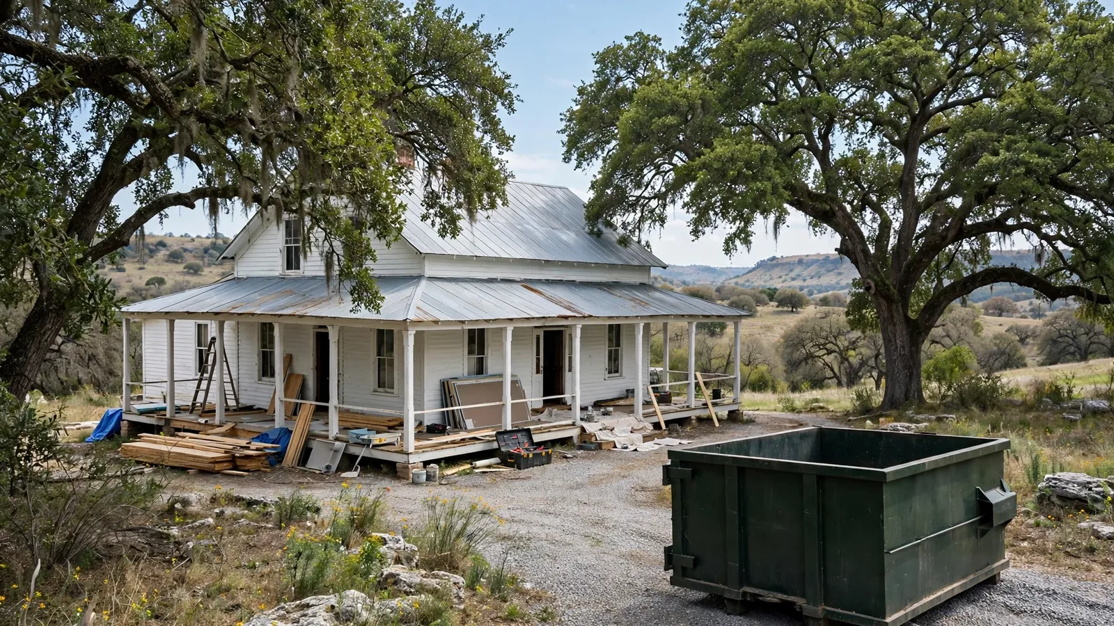 Roll-off dumpster at a historic farmhouse renovation in Gruene, TX