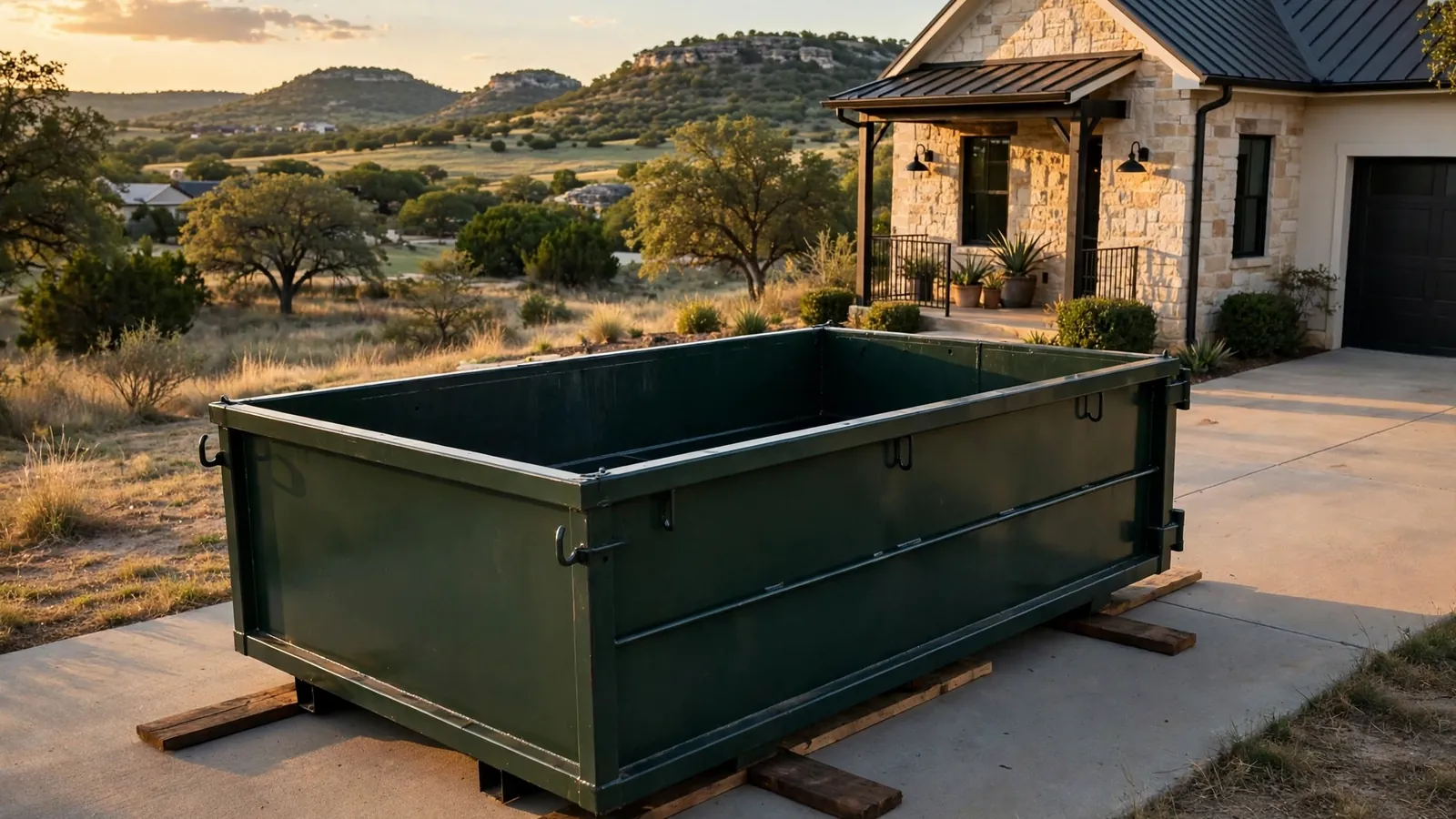 Empty roll-off dumpster delivered onto boards in a New Braunfels driveway