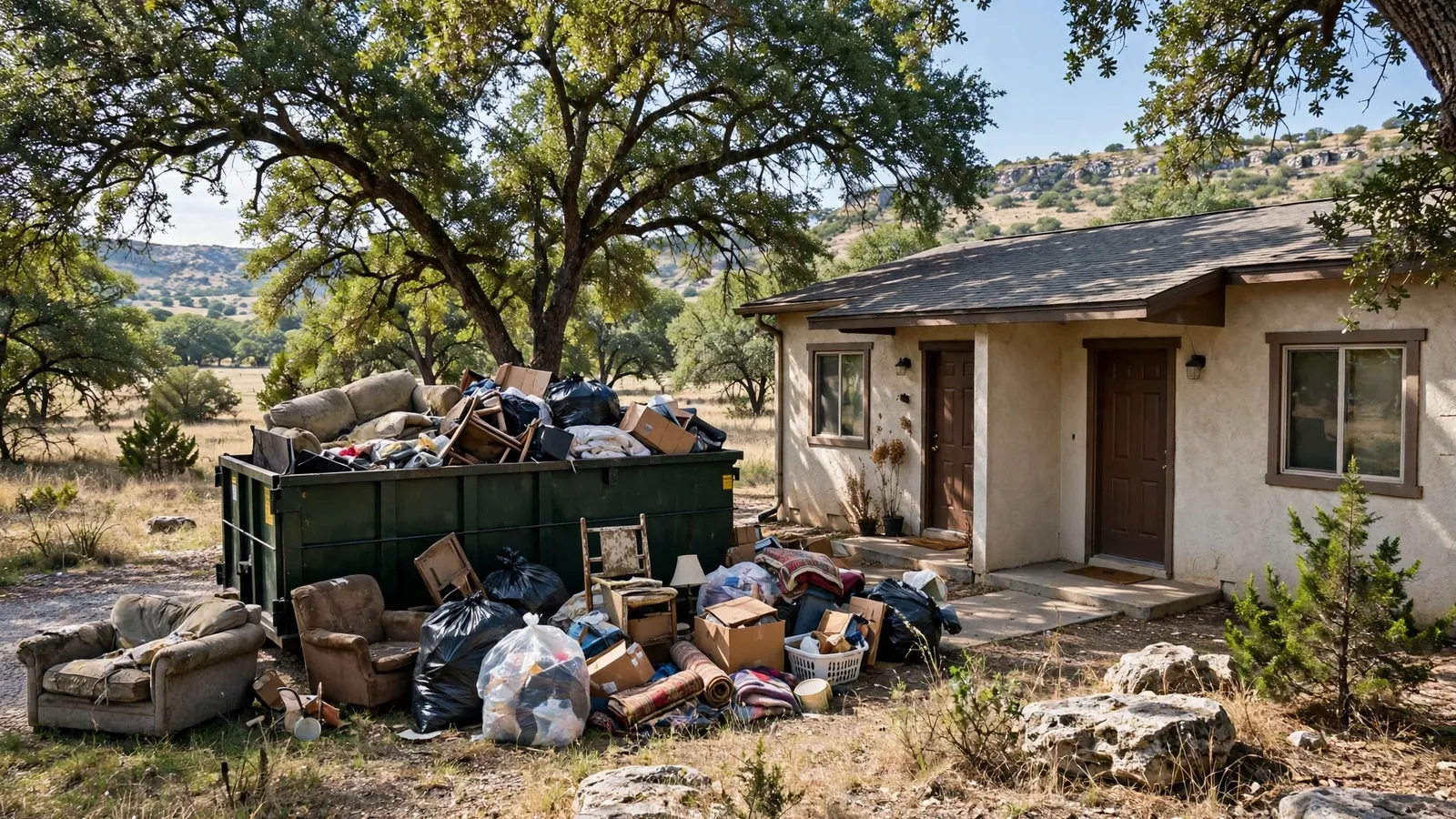 Roll-off dumpster during a rental move-out cleanup in San Marcos, TX