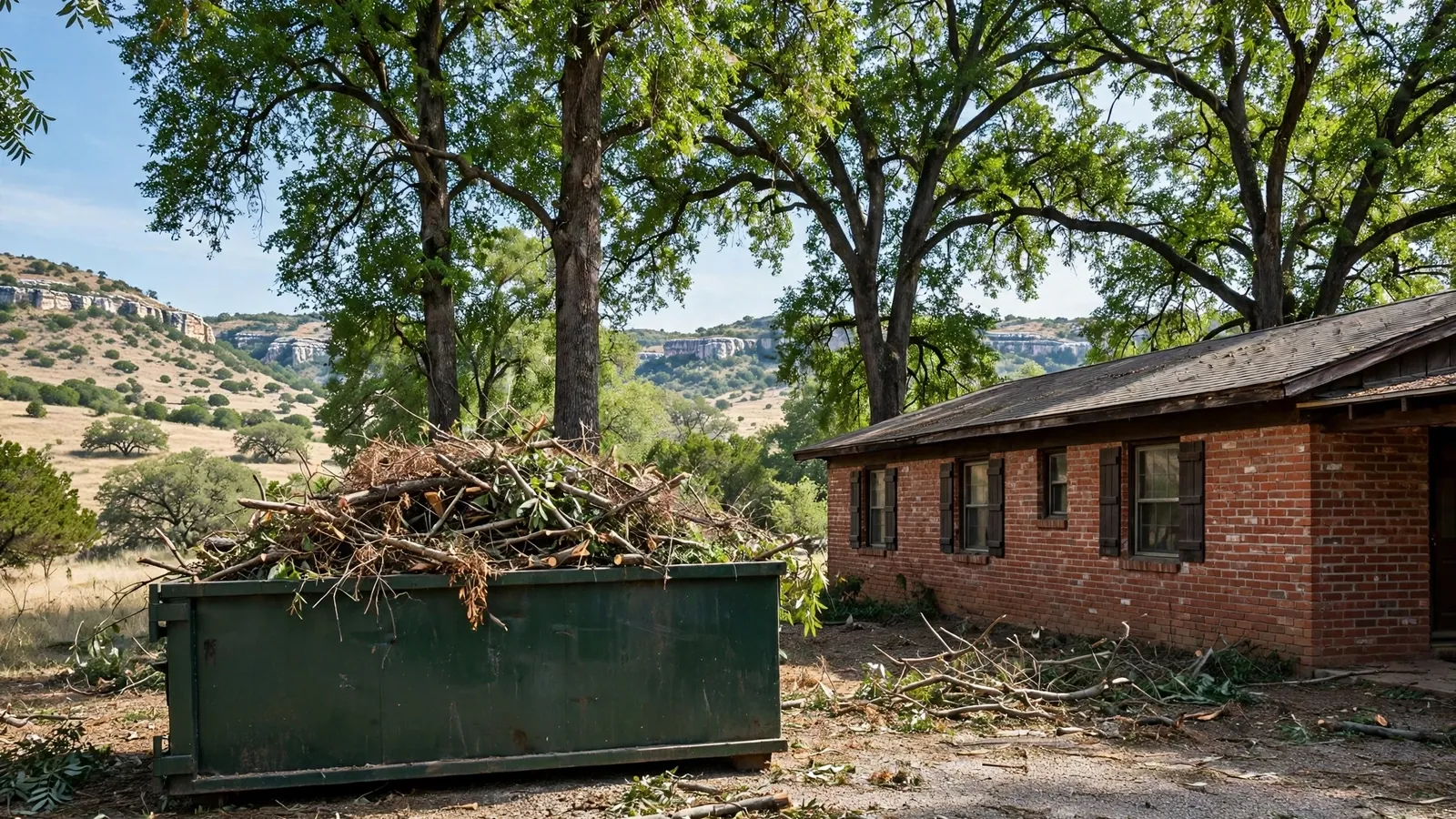 Roll-off dumpster with yard cleanup debris beside a brick home in Seguin, TX