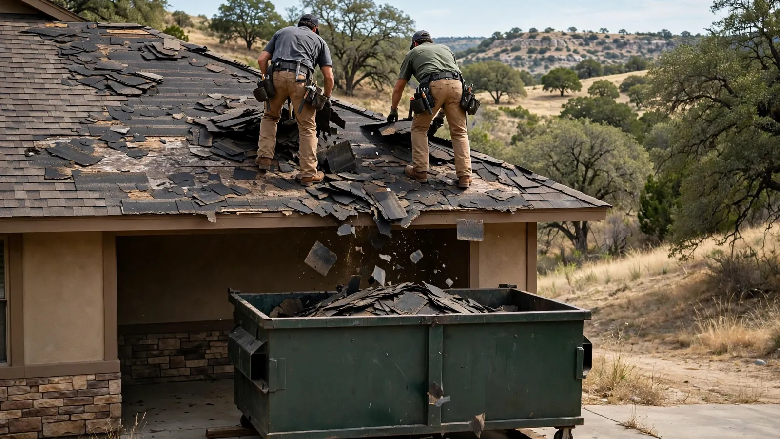 Roofers dropping old shingles into a roll-off dumpster below the roofline
